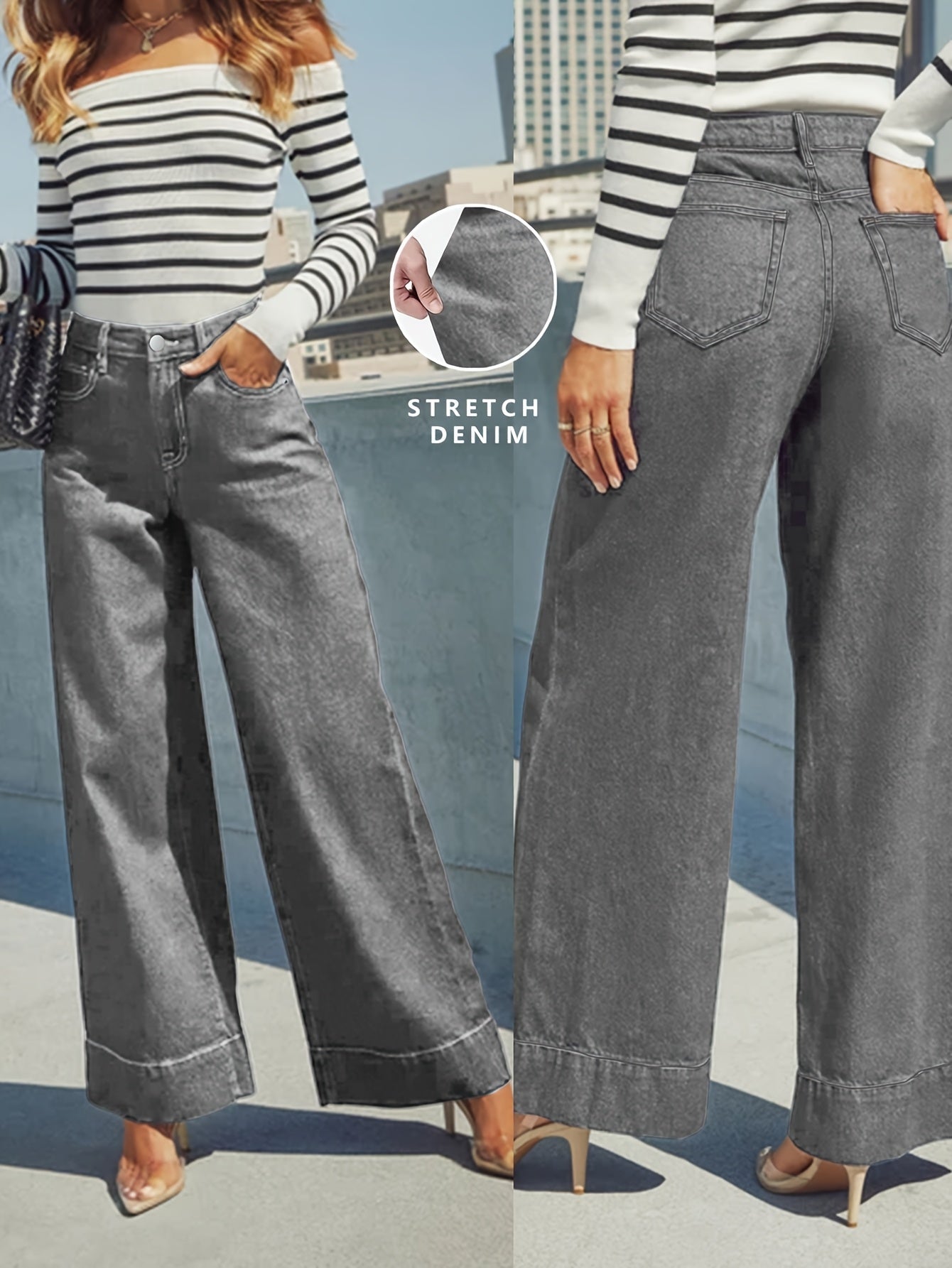 High-Waist Wide-Leg Stretch Denim Jeans with Cuffed Hem