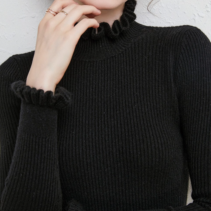 Cozy Turtleneck Knit Sweater with Feminine Ruffle Details