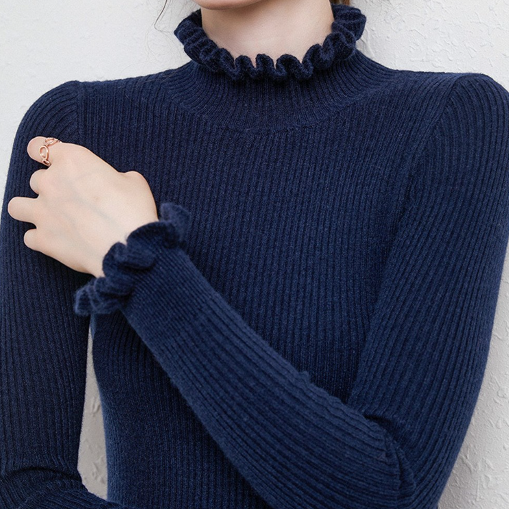 Cozy Turtleneck Knit Sweater with Feminine Ruffle Details