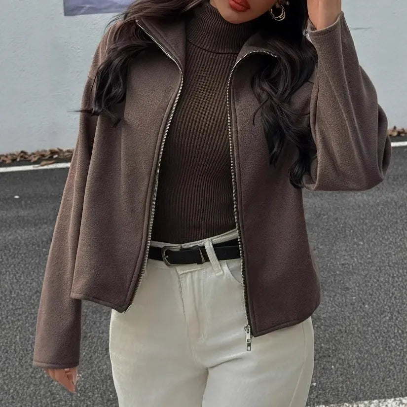 Casual Cropped Jacket with Stand Collar and Zipper Closure