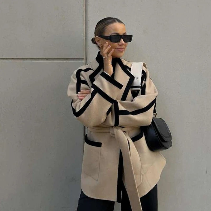 Chic Wrap Waist Belt Blazer with Contrast Details for Women