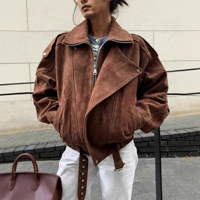Oversized Suede Look Bomber Jacket with Asymmetric Zipper