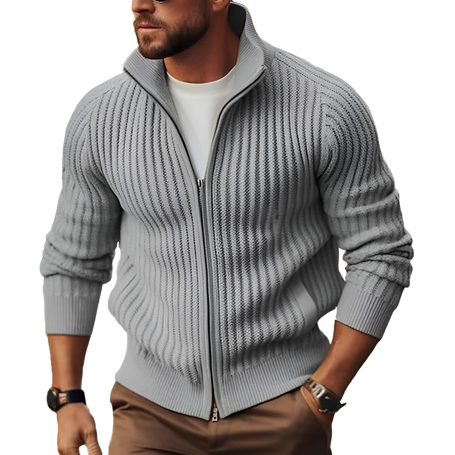 Mens Ribbed Zip-Up Cardigan Sweater