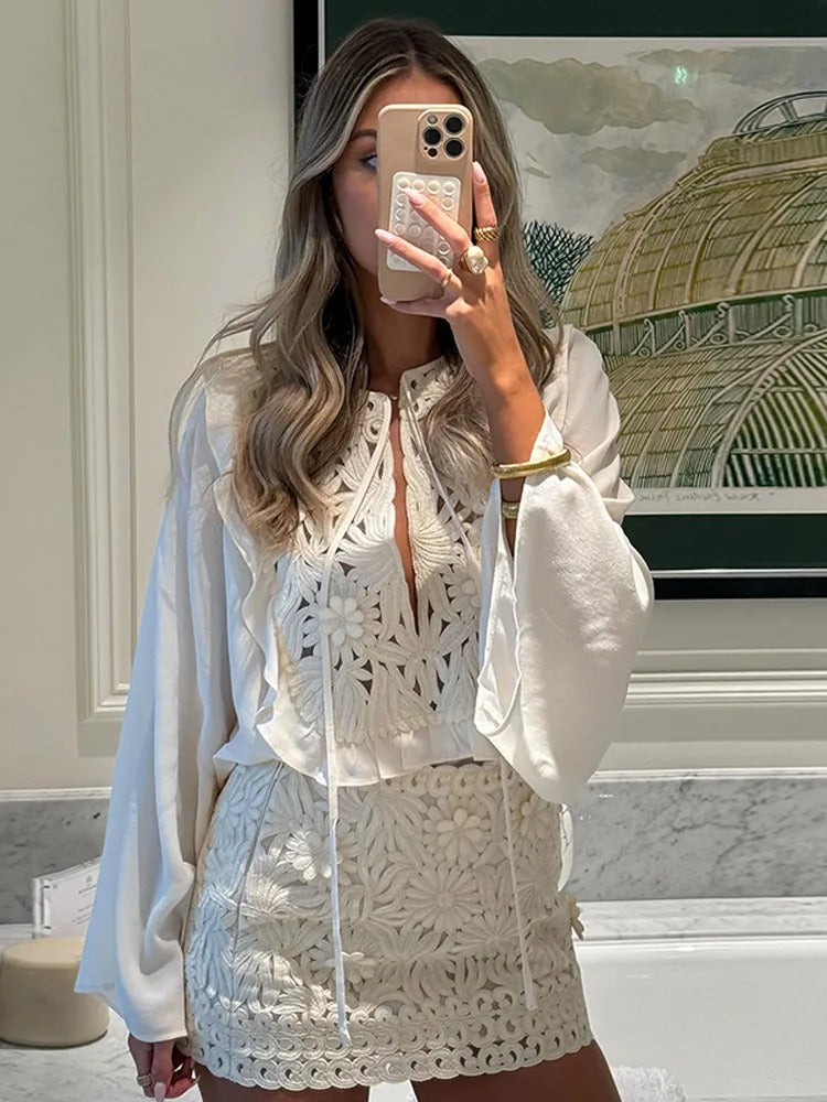 Casual Tie Waist Hollow Stitch Round Neck Shirt