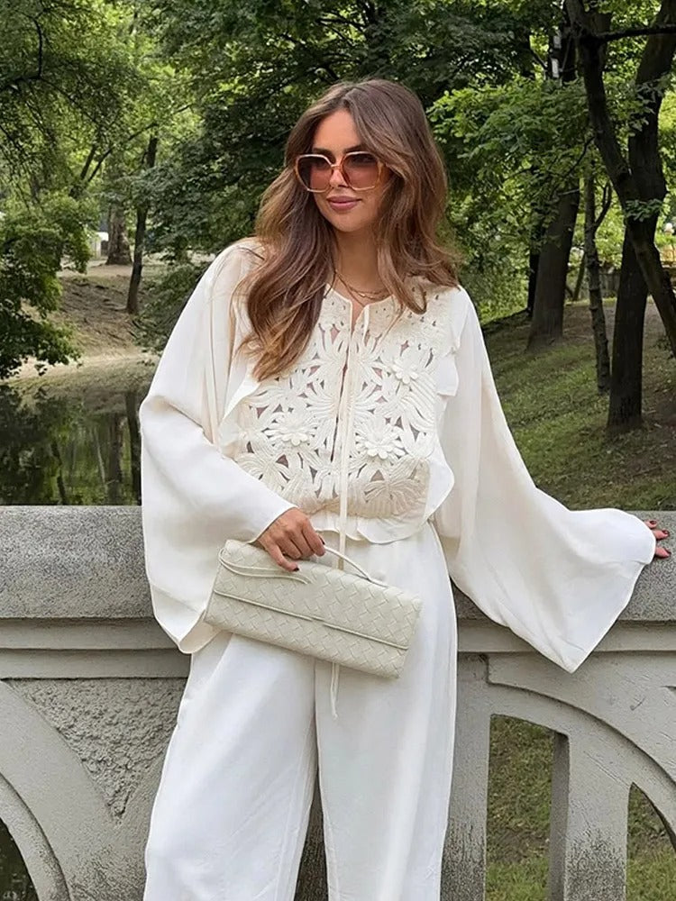 Casual Tie Waist Hollow Stitch Round Neck Shirt
