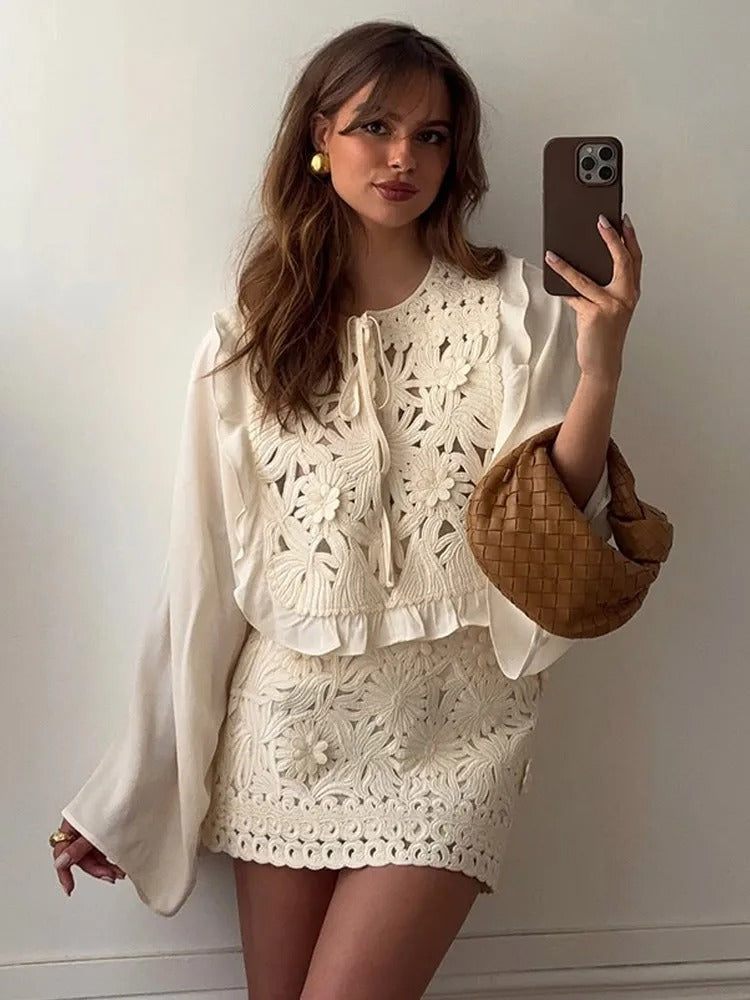 Casual Tie Waist Hollow Stitch Round Neck Shirt