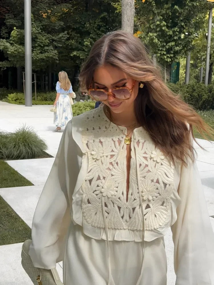 Casual Tie Waist Hollow Stitch Round Neck Shirt