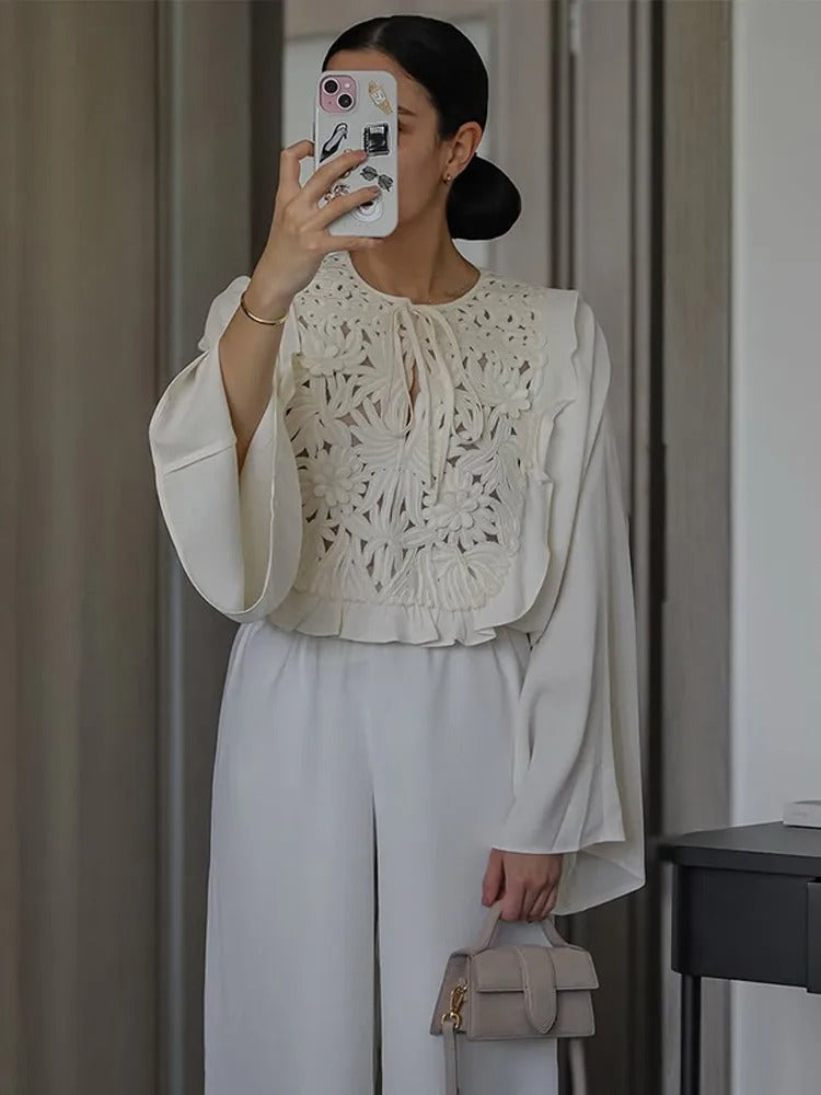 Casual Tie Waist Hollow Stitch Round Neck Shirt