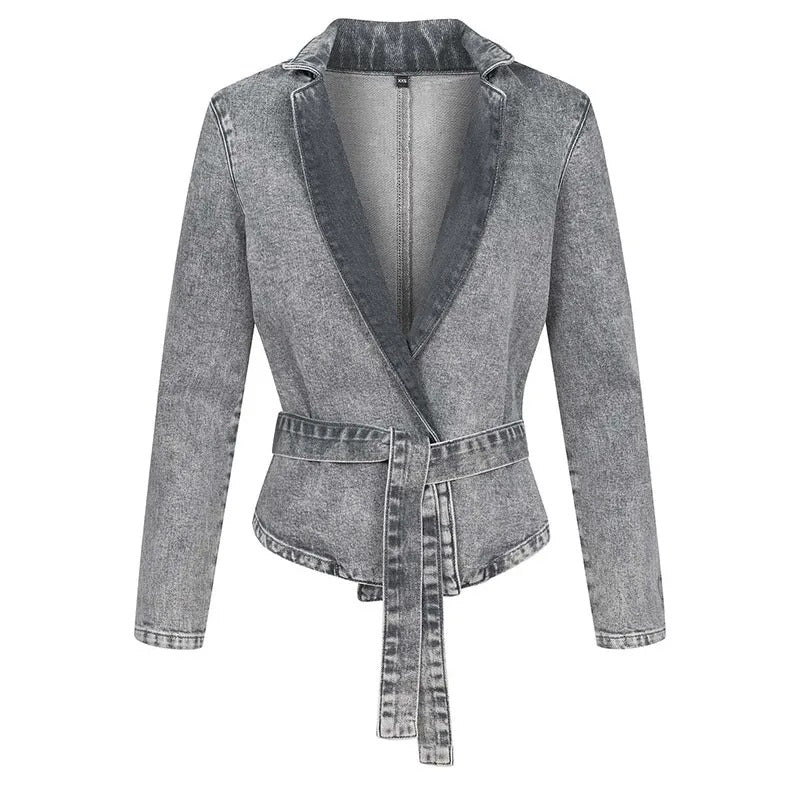 Casual Denim Belted Jacket with Stand Collar and Long Sleeves