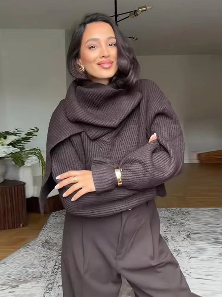 Chocolate Brown Ribbed Sweater with Attached Scarf