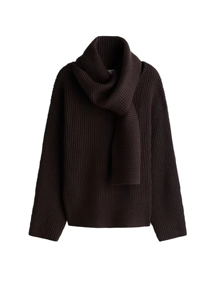 Chocolate Brown Ribbed Sweater with Attached Scarf