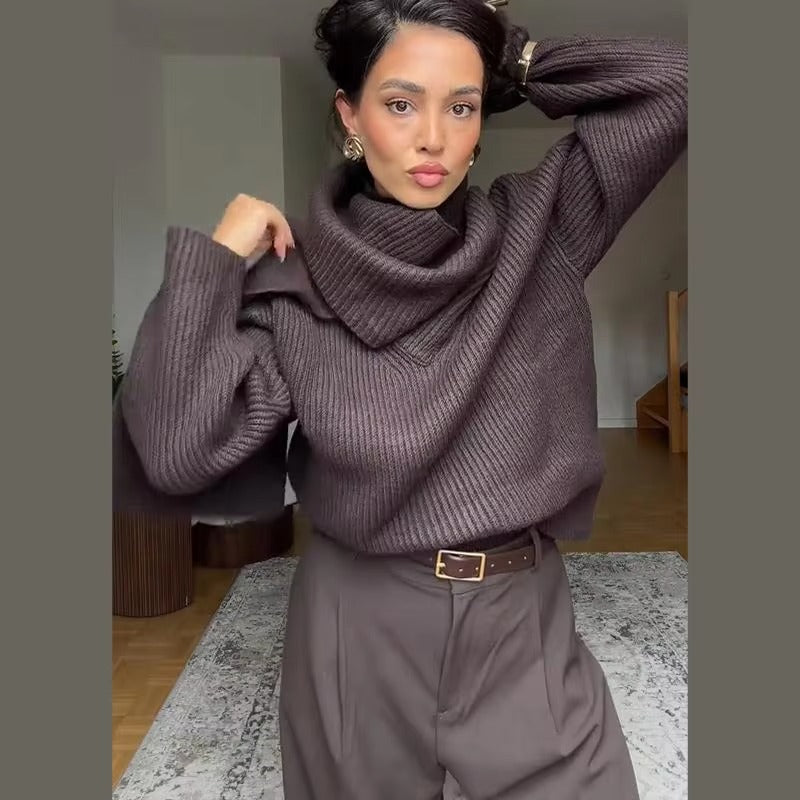 Chocolate Brown Ribbed Sweater with Attached Scarf