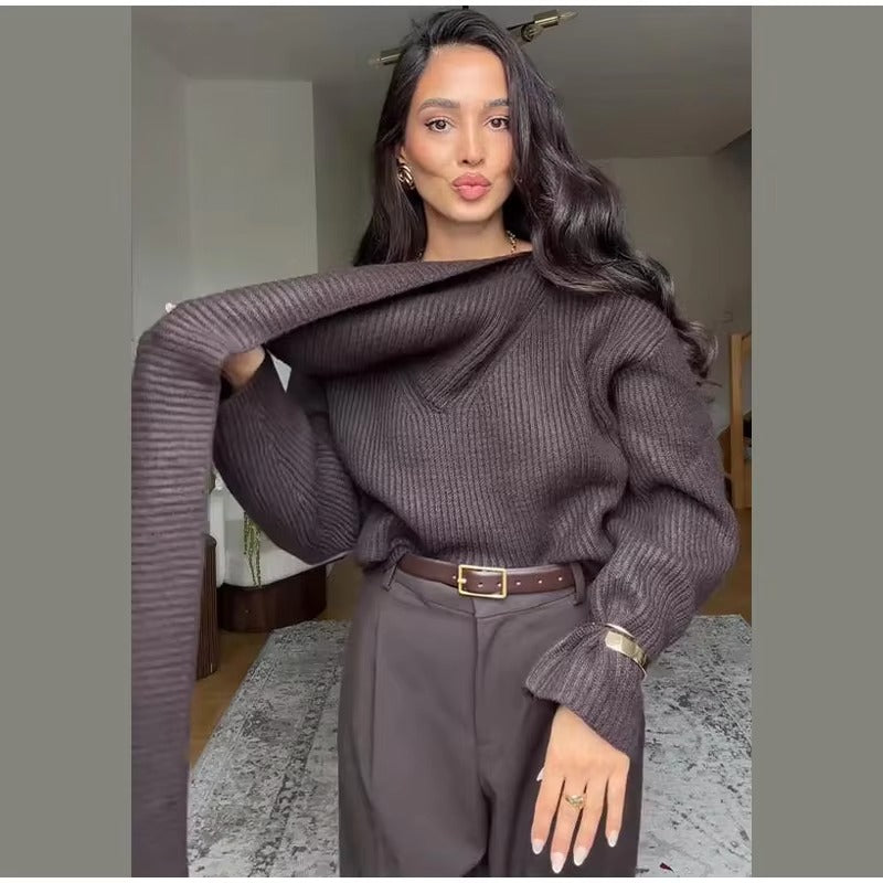 Chocolate Brown Ribbed Sweater with Attached Scarf
