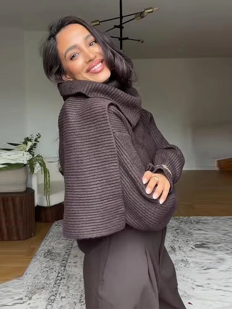 Chocolate Brown Ribbed Sweater with Attached Scarf