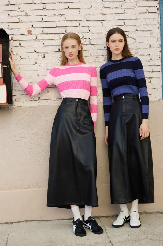 Striped Sweater & Leather Skirt Set - Two Piece Fall Outfit