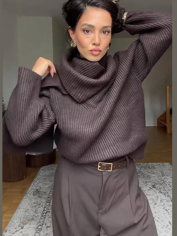Chocolate Brown Ribbed Sweater with Attached Scarf