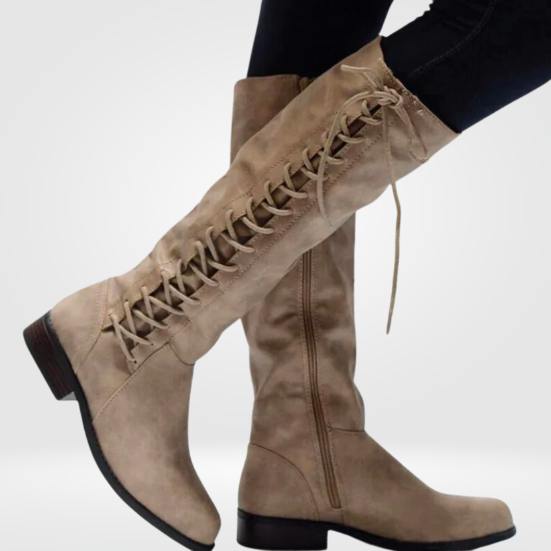 Women's Leather-Look Block Heel Boots with Zipper and Lacing