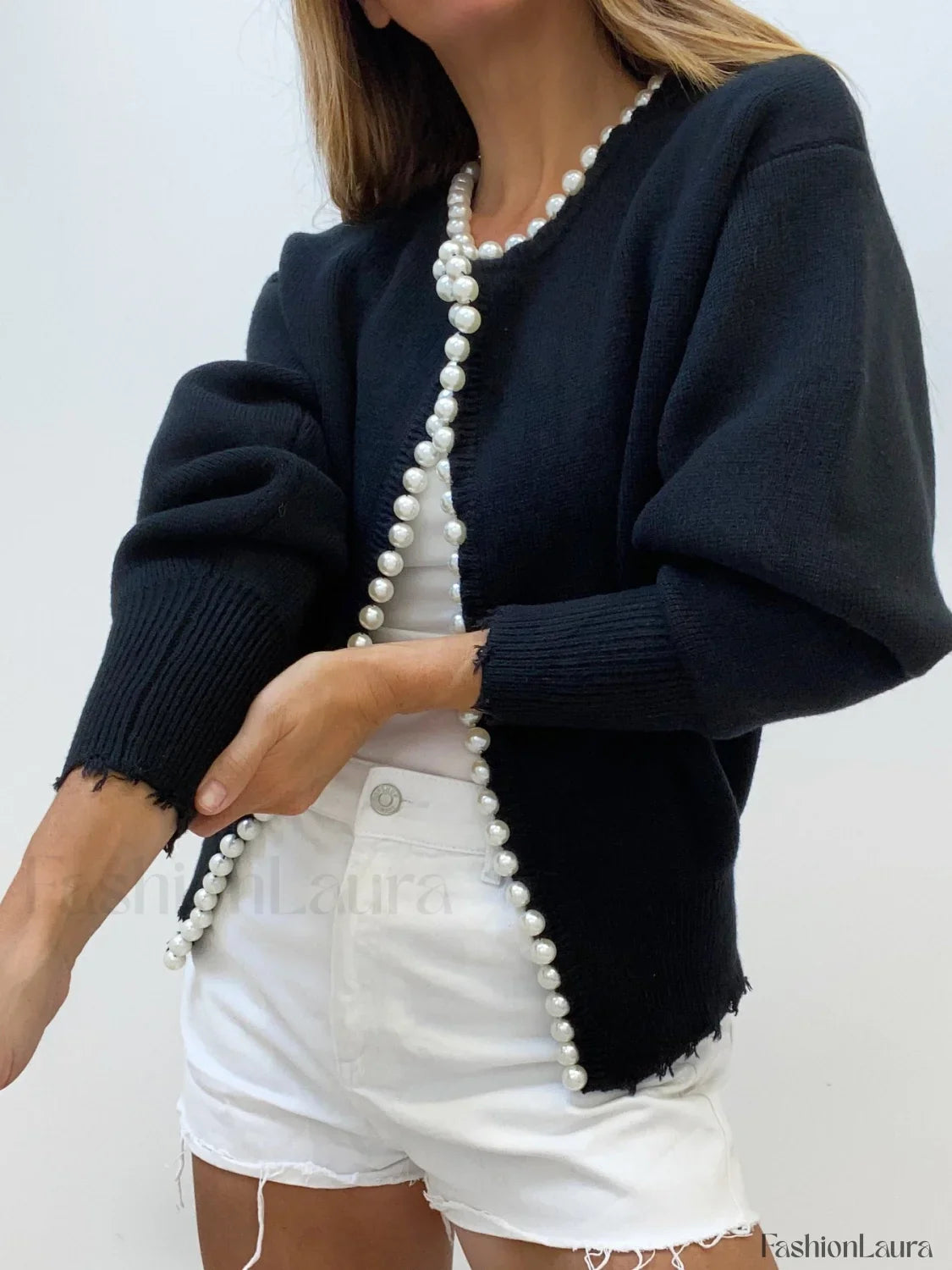 Pearl Trim Ripped Hem Knit Cardigan