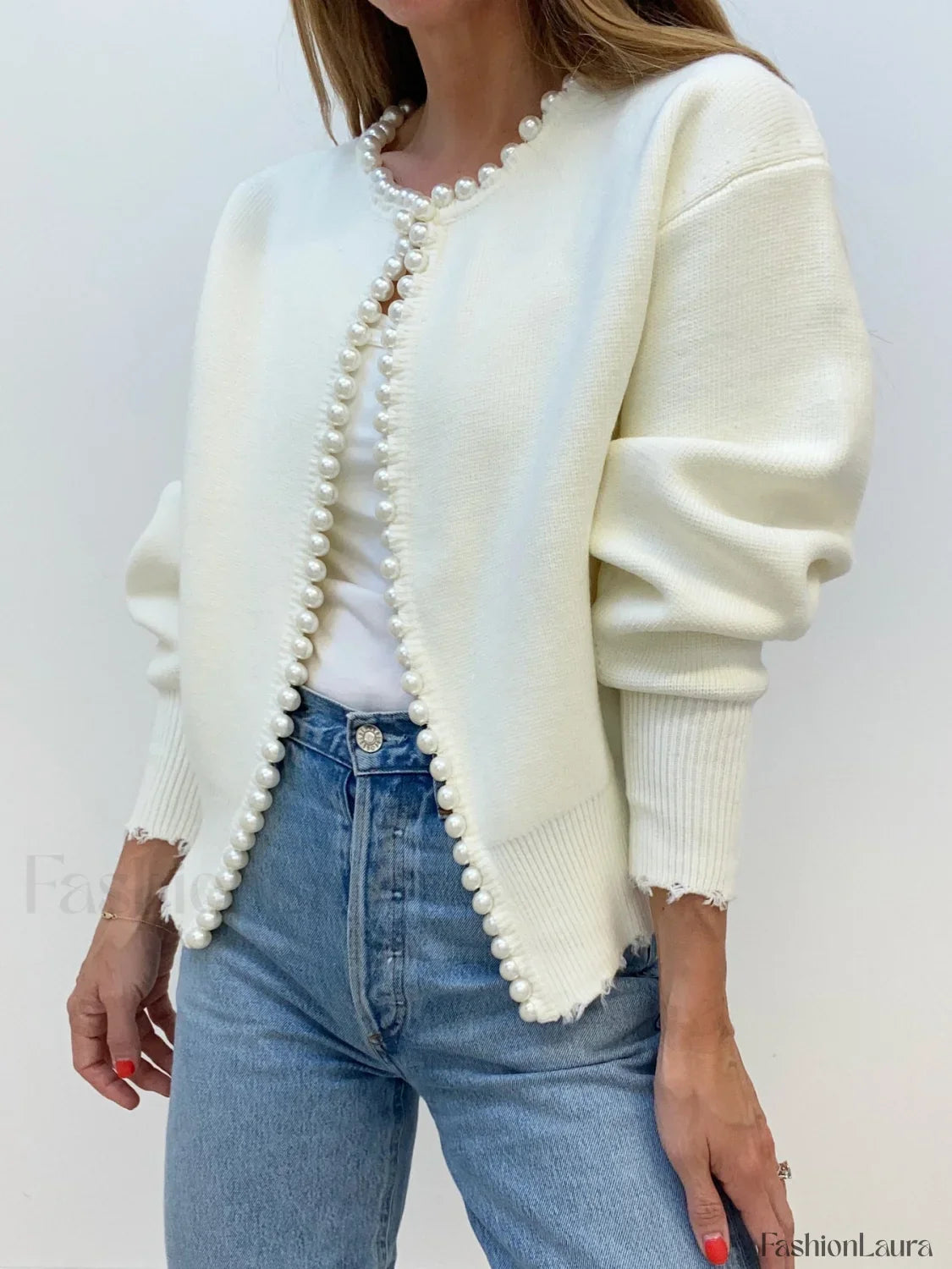 Pearl Trim Ripped Hem Knit Cardigan