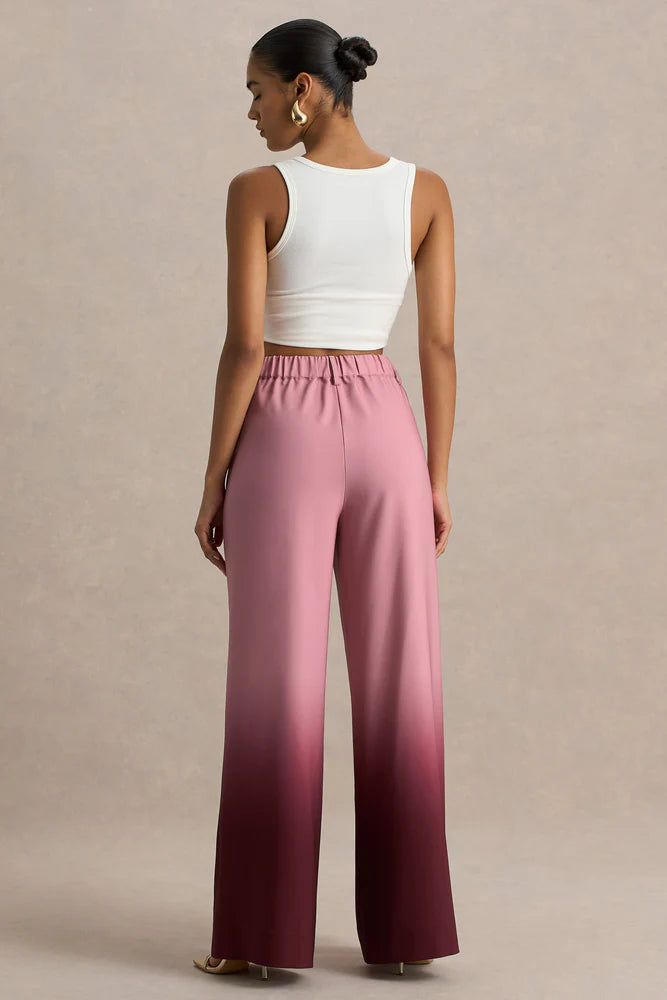 Ombre Print Wide Leg Pants with Elastic Waist and Pockets