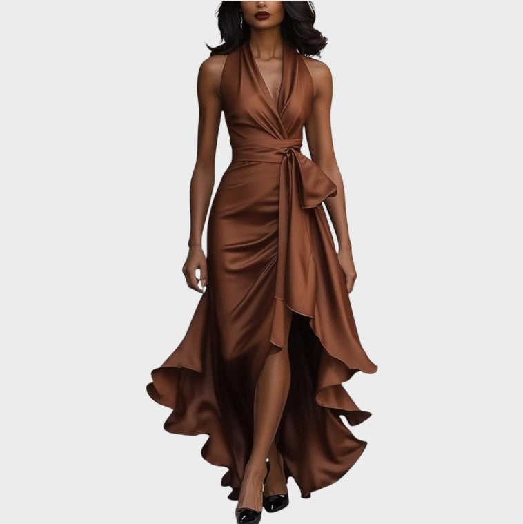 Midnight Satin Halter Neck Dress with Ruffle Detail
